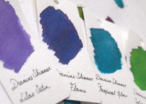 Swatches of four Diamine Shimmertastic inks